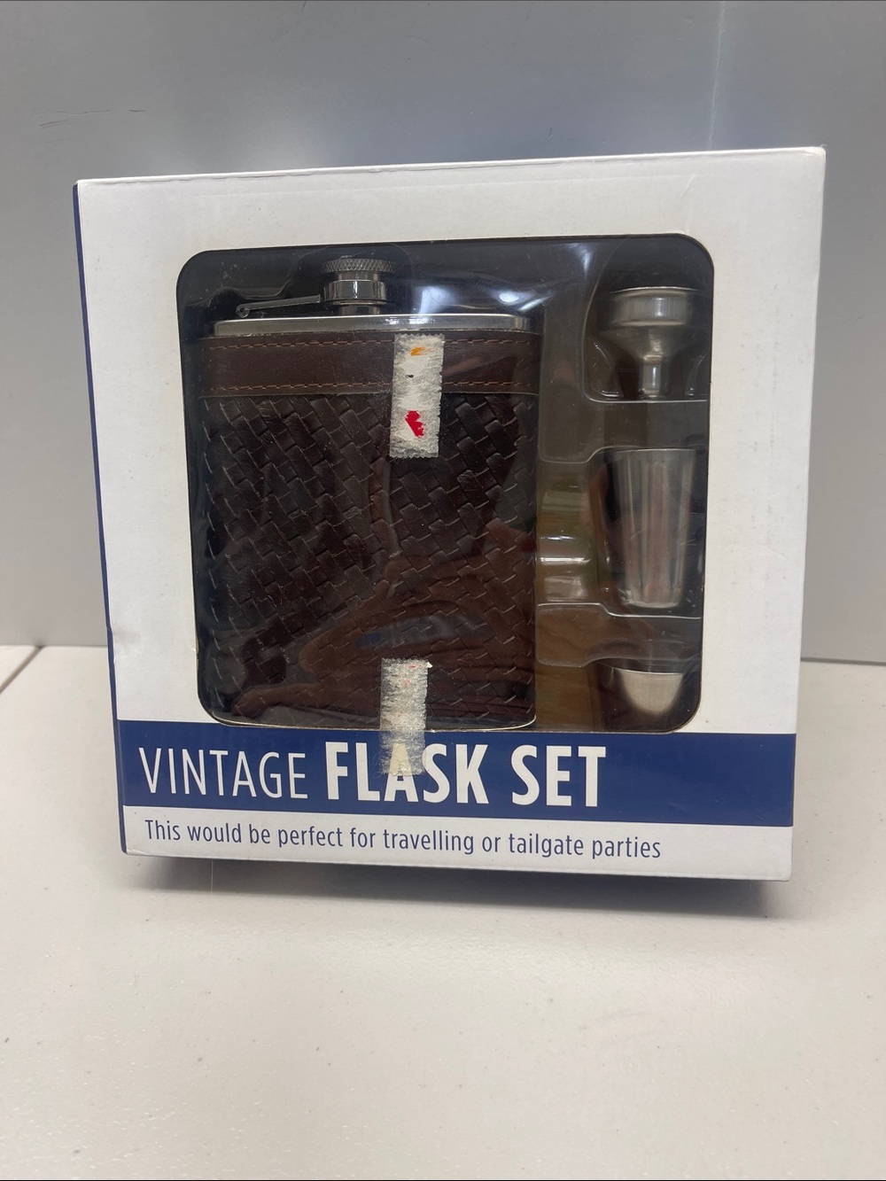 Brown Vintage Leather Flask Set - Classic Pocket Hip Flask with Funnel &Cups NEW